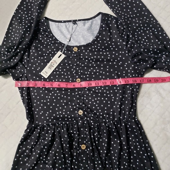 Kilig Polka-dot Midi Dress Women's Black Medium Long Sleeve Faux Button Pockets - Picture 6 of 9